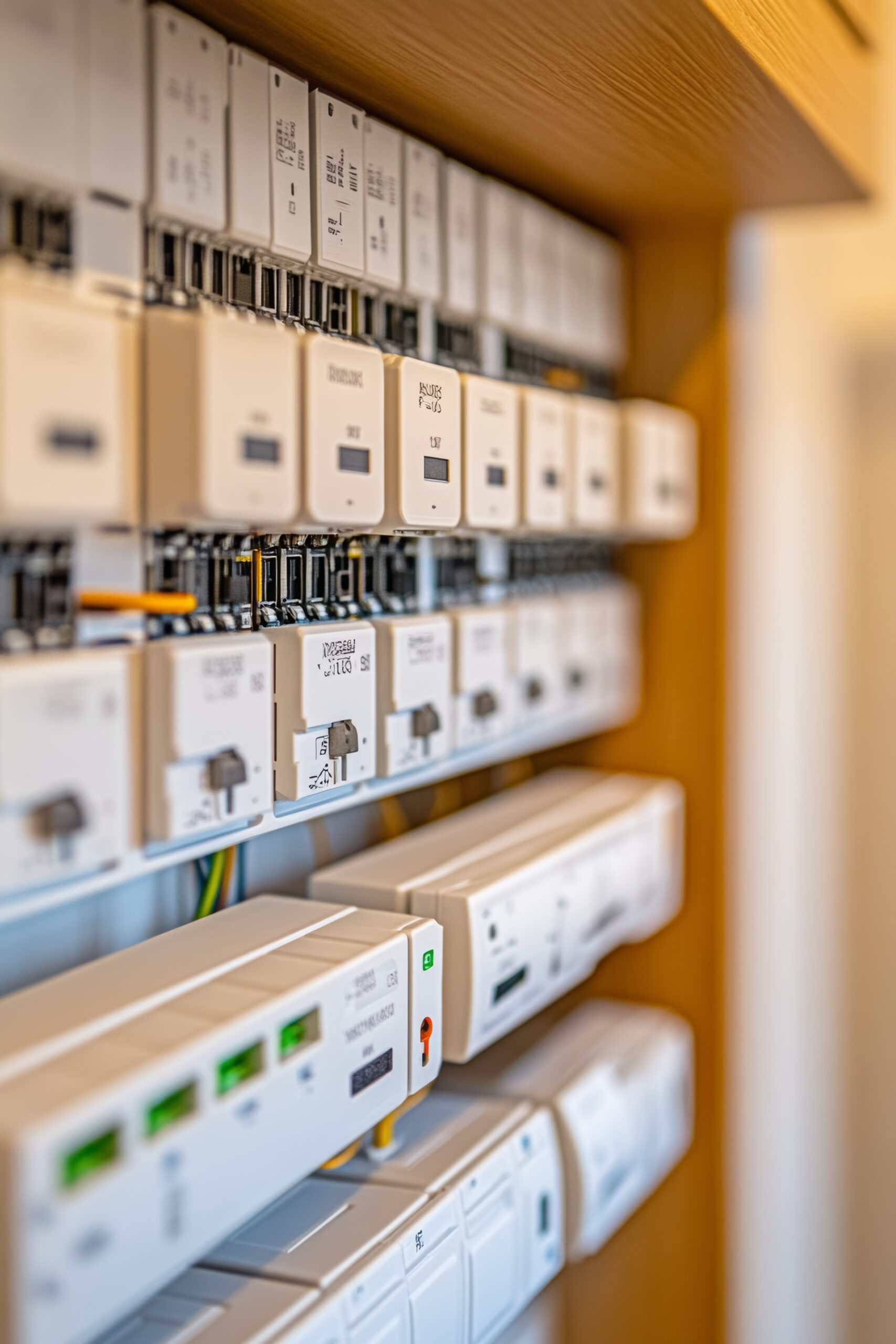 modern home automation system detailed view electrical panel with circuit breakers wiring